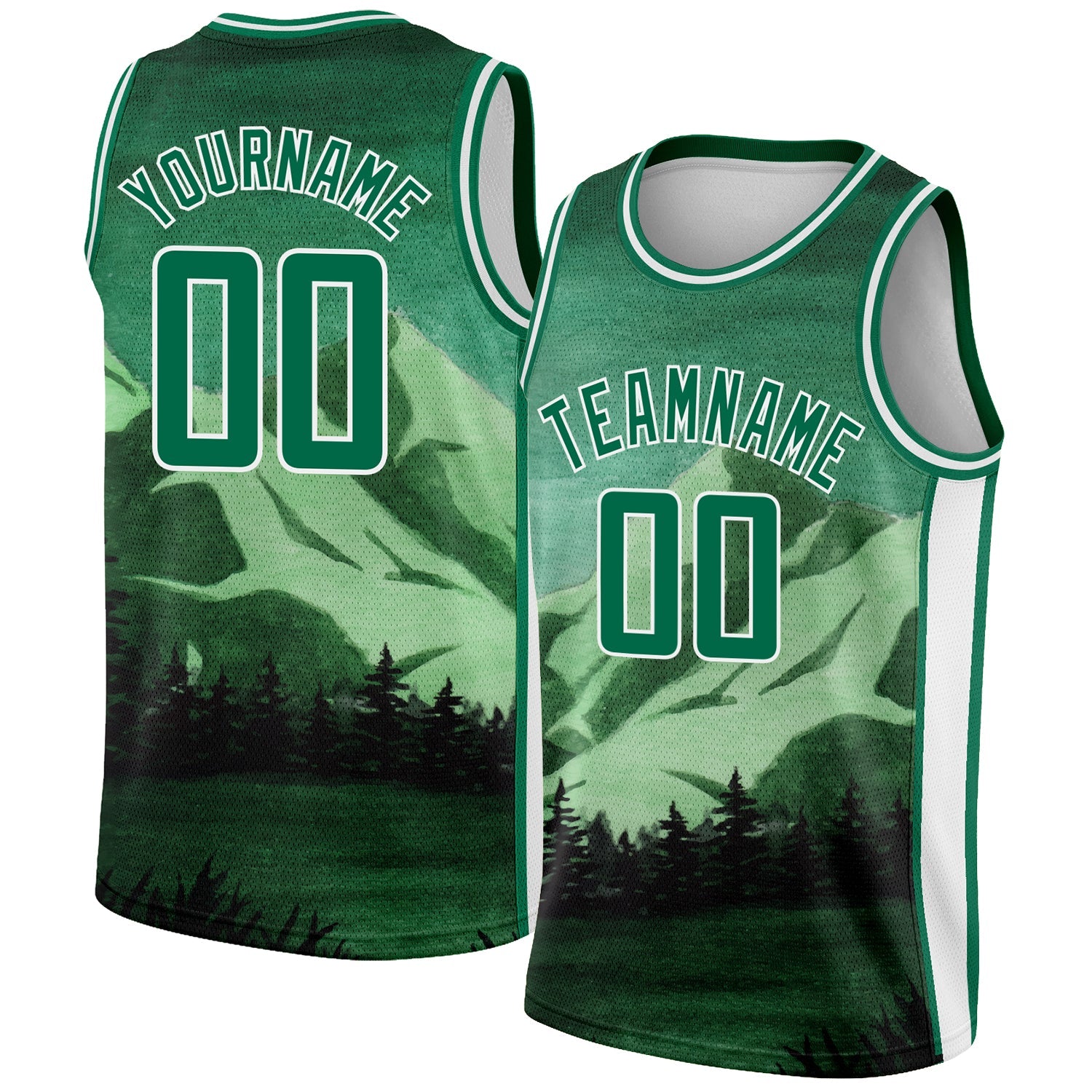 Custom Kelly Green White 3D Pattern Design Natural Landscape Watercolor Style Authentic Basketball Jersey - Sky-Custom