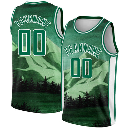 Custom Kelly Green White 3D Pattern Design Natural Landscape Watercolor Style Authentic Basketball Jersey - Sky-Custom
