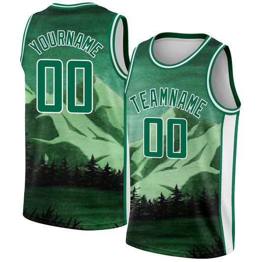 Custom Kelly Green White 3D Pattern Design Natural Landscape Watercolor Style Authentic Basketball Jersey - Sky-Custom