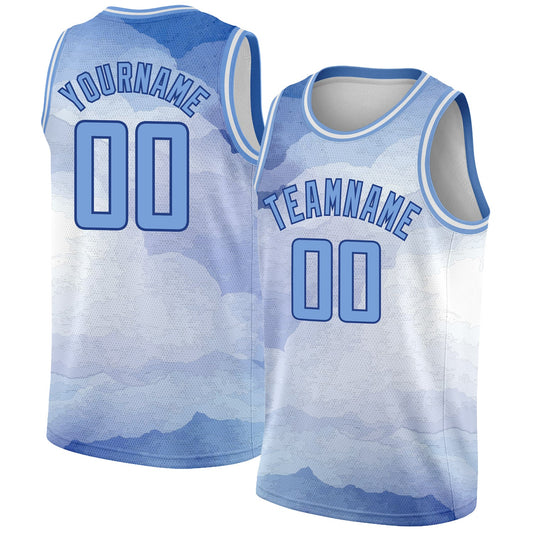 Custom White Light Blue-Royal 3D Pattern Design Sky With Clouds Watercolor Style Authentic Basketball Jersey - Sky-Custom