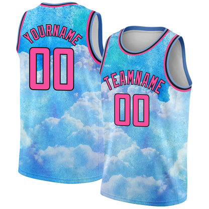 Custom Sky Blue Pink-Black 3D Pattern Design Sky With Clouds Watercolor Style Authentic Basketball Jersey - Sky-Custom