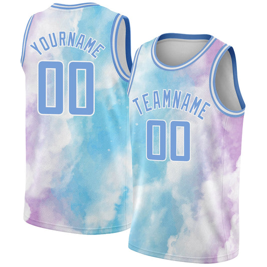 Custom White Light Blue-Purple 3D Pattern Design Sky With Clouds Watercolor Style Authentic Basketball Jersey - Sky-Custom