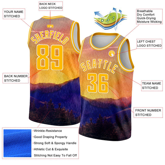 Custom Gold White 3D Pattern Design Landscape At Sunset Watercolor Style Authentic Basketball Jersey - Sky-Custom
