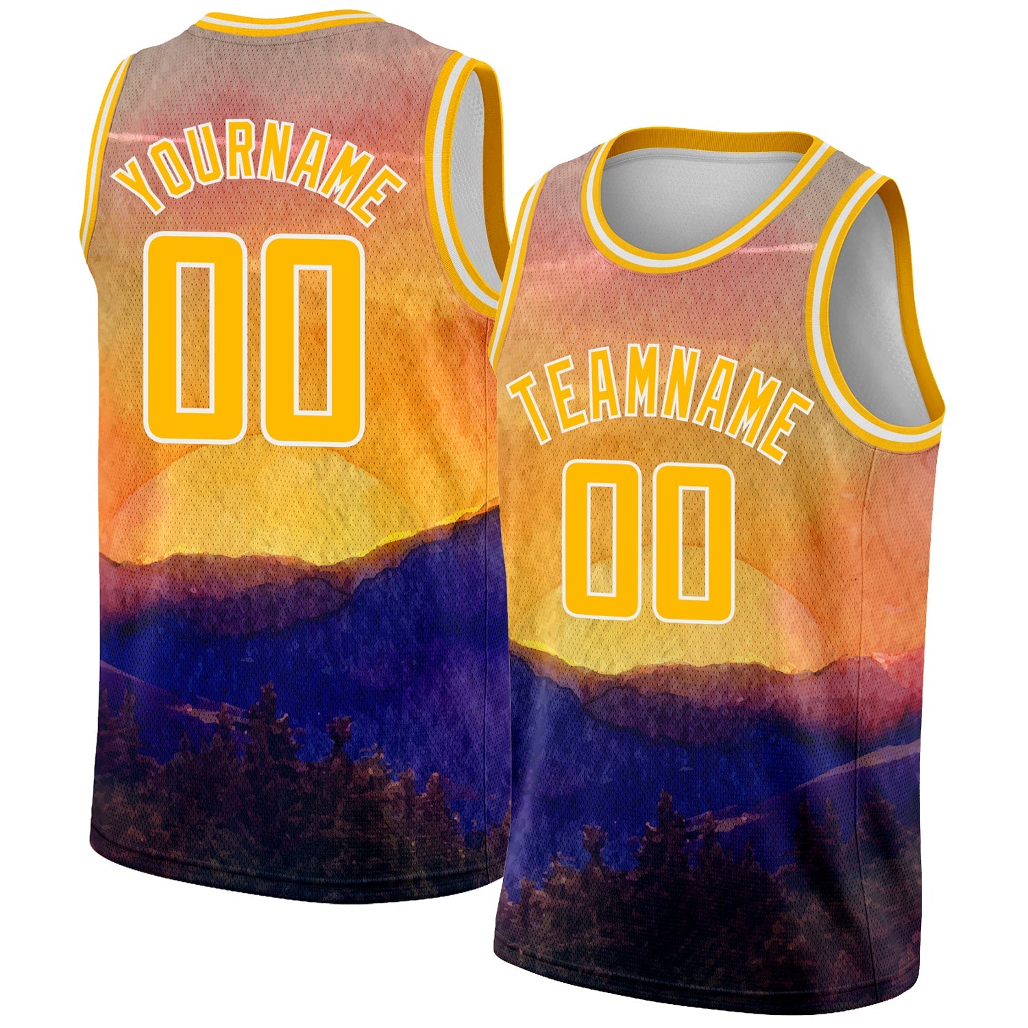 Custom Gold White 3D Pattern Design Landscape At Sunset Watercolor Style Authentic Basketball Jersey - Sky-Custom