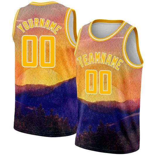 Custom Gold White 3D Pattern Design Landscape At Sunset Watercolor Style Authentic Basketball Jersey - Sky-Custom