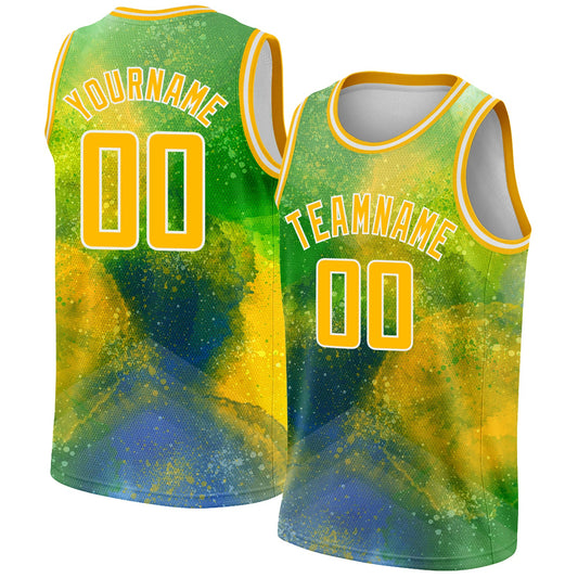 Custom Neon Green Gold-White 3D Pattern Design Abstract Psychedelic Liquid Authentic Basketball Jersey - Sky-Custom