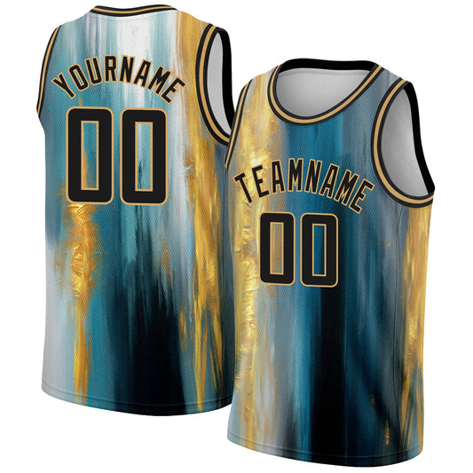 Custom Old Gold Black 3D Pattern Design Gold Foil Authentic Basketball Jersey - Sky-Custom