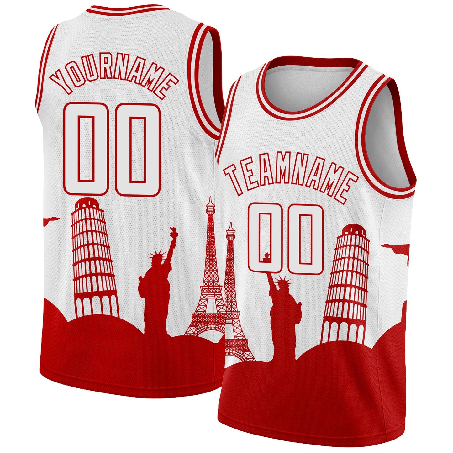 Custom White Red Holiday Travel Monuments Silhouette Authentic City Edition Basketball Jersey - Sky-Custom