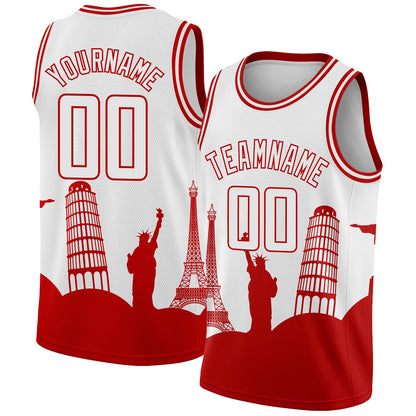 Custom White Red Holiday Travel Monuments Silhouette Authentic City Edition Basketball Jersey - Sky-Custom