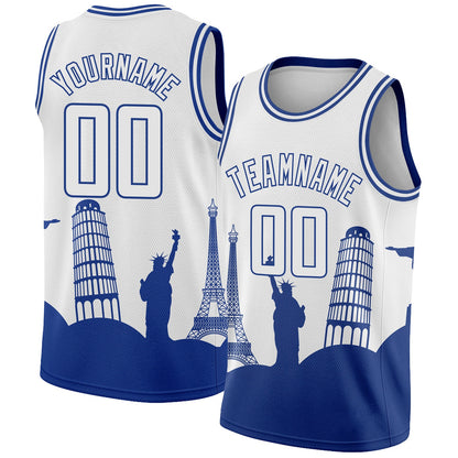 Custom White Royal Holiday Travel Monuments Silhouette Authentic City Edition Basketball Jersey - Sky-Custom