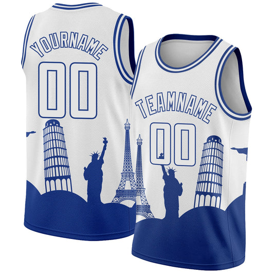Custom White Royal Holiday Travel Monuments Silhouette Authentic City Edition Basketball Jersey - Sky-Custom