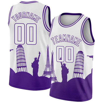 Custom White Purple Holiday Travel Monuments Silhouette Authentic City Edition Basketball Jersey - Sky-Custom