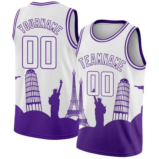 Custom White Purple Holiday Travel Monuments Silhouette Authentic City Edition Basketball Jersey - Sky-Custom