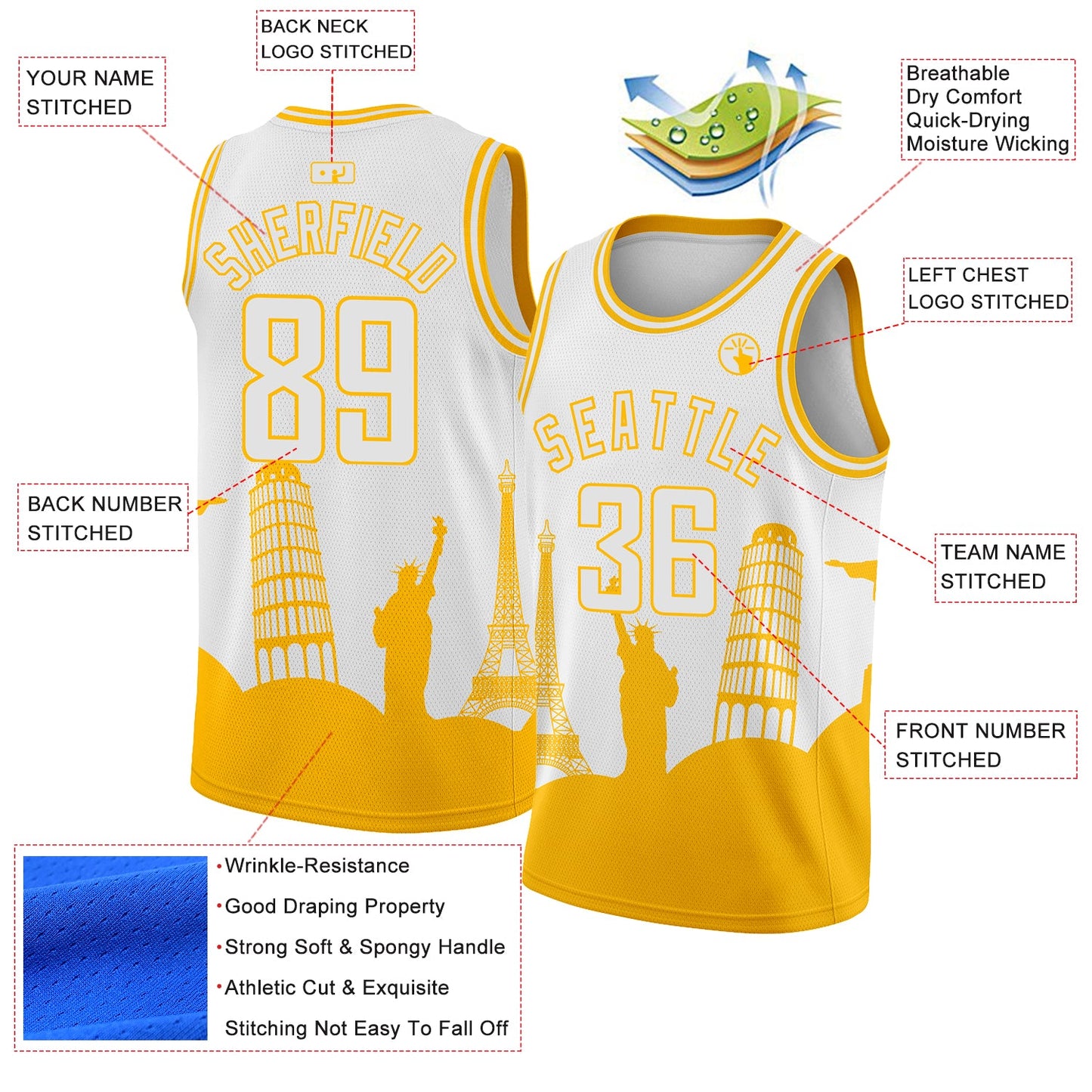 Custom White Gold Holiday Travel Monuments Silhouette Authentic City Edition Basketball Jersey - Sky-Custom