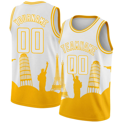 Custom White Gold Holiday Travel Monuments Silhouette Authentic City Edition Basketball Jersey - Sky-Custom