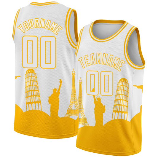 Custom White Gold Holiday Travel Monuments Silhouette Authentic City Edition Basketball Jersey - Sky-Custom