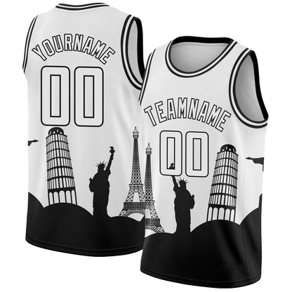 Custom White Black Holiday Travel Monuments Silhouette Authentic City Edition Basketball Jersey - Sky-Custom
