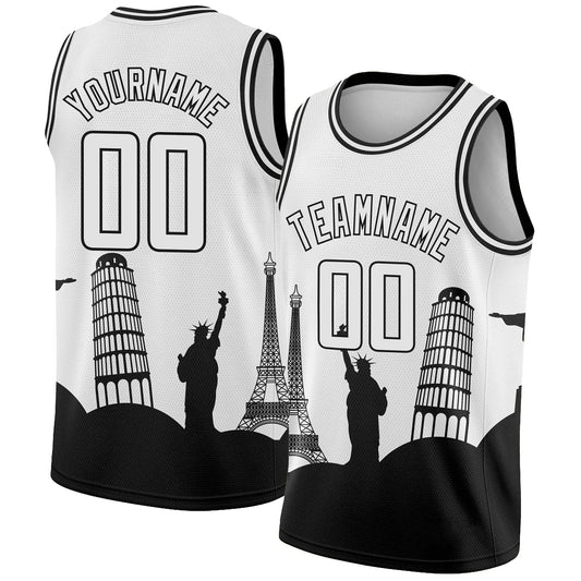 Custom White Black Holiday Travel Monuments Silhouette Authentic City Edition Basketball Jersey - Sky-Custom