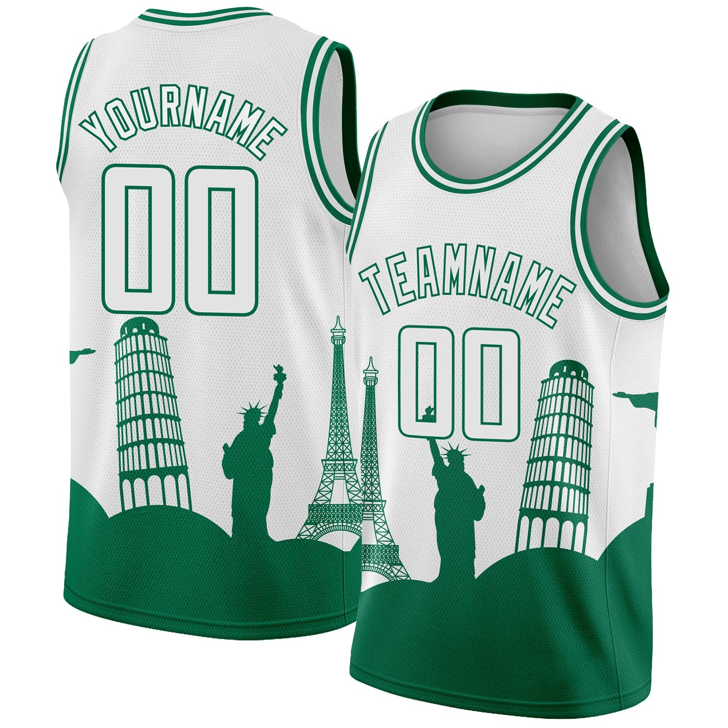 Custom White Kelly Green Holiday Travel Monuments Silhouette Authentic City Edition Basketball Jersey - Sky-Custom