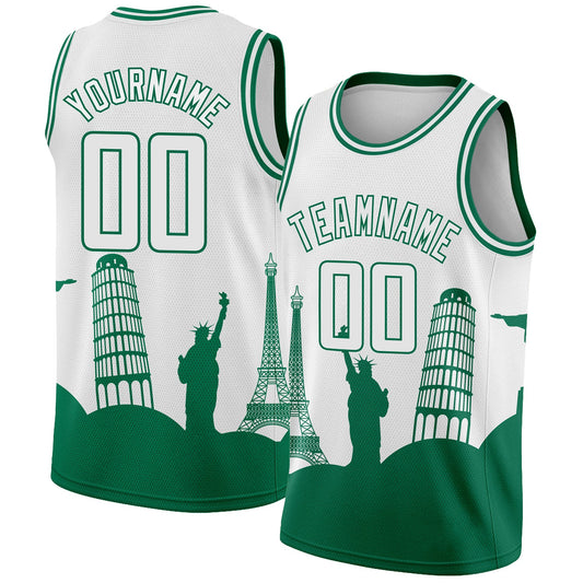 Custom White Kelly Green Holiday Travel Monuments Silhouette Authentic City Edition Basketball Jersey - Sky-Custom
