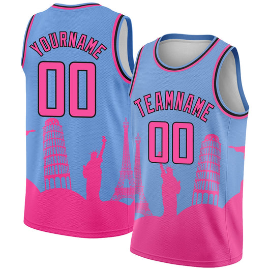 Custom Light Blue Pink-Black Holiday Travel Monuments Silhouette Authentic City Edition Basketball Jersey - Sky-Custom
