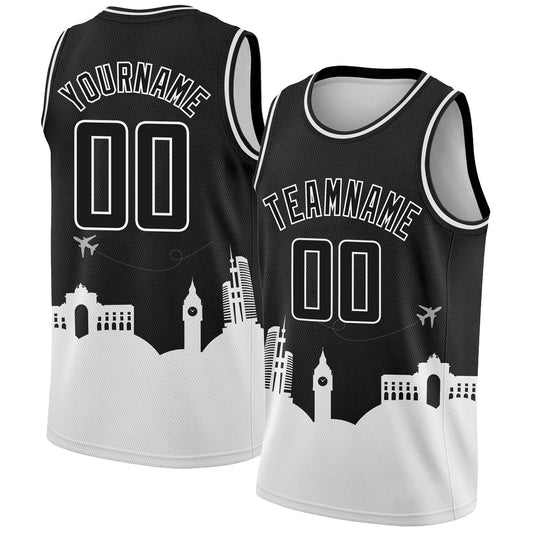 Custom Black White Holiday Travel Monuments Silhouette Authentic City Edition Basketball Jersey - Sky-Custom