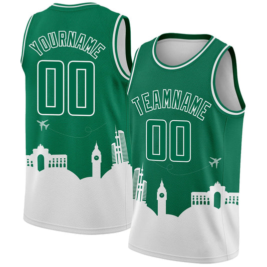 Custom Kelly Green White Holiday Travel Monuments Silhouette Authentic City Edition Basketball Jersey - Sky-Custom