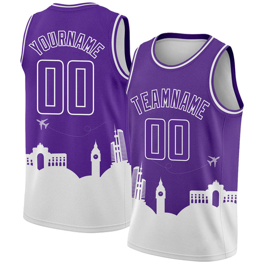 Custom Purple White Holiday Travel Monuments Silhouette Authentic City Edition Basketball Jersey - Sky-Custom