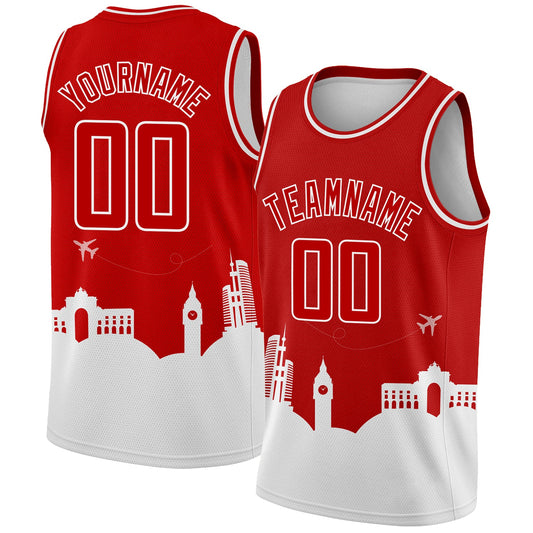 Custom Red White Holiday Travel Monuments Silhouette Authentic City Edition Basketball Jersey - Sky-Custom