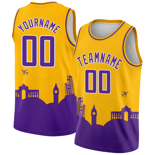 Custom Gold Purple-White Holiday Travel Monuments Silhouette Authentic City Edition Basketball Jersey - Sky-Custom
