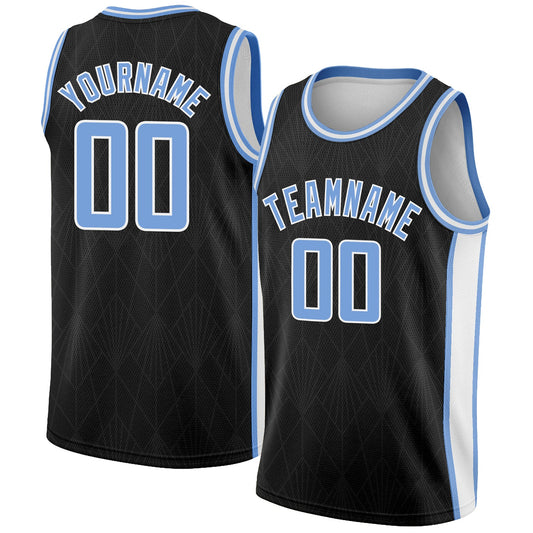 Custom Black Light Blue-White Geometric Shapes And Side Stripes Authentic City Edition Basketball Jersey - Sky-Custom