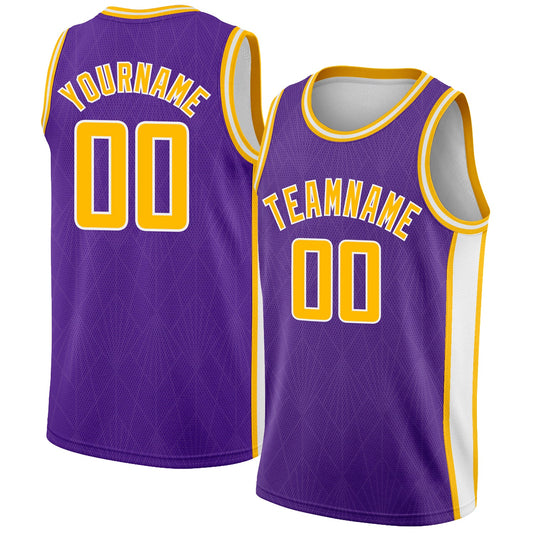 Custom Purple Gold-White Geometric Shapes And Side Stripes Authentic City Edition Basketball Jersey - Sky-Custom