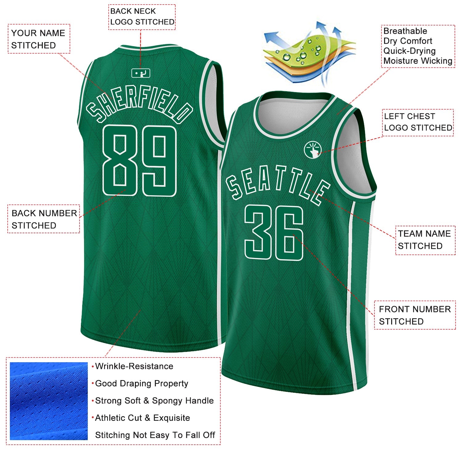 Custom Kelly Green White Geometric Shapes And Side Stripes Authentic City Edition Basketball Jersey - Sky-Custom