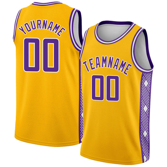 Custom Gold Purple-White Side Panel Abstract Lines Authentic City Edition Basketball Jersey - Sky-Custom