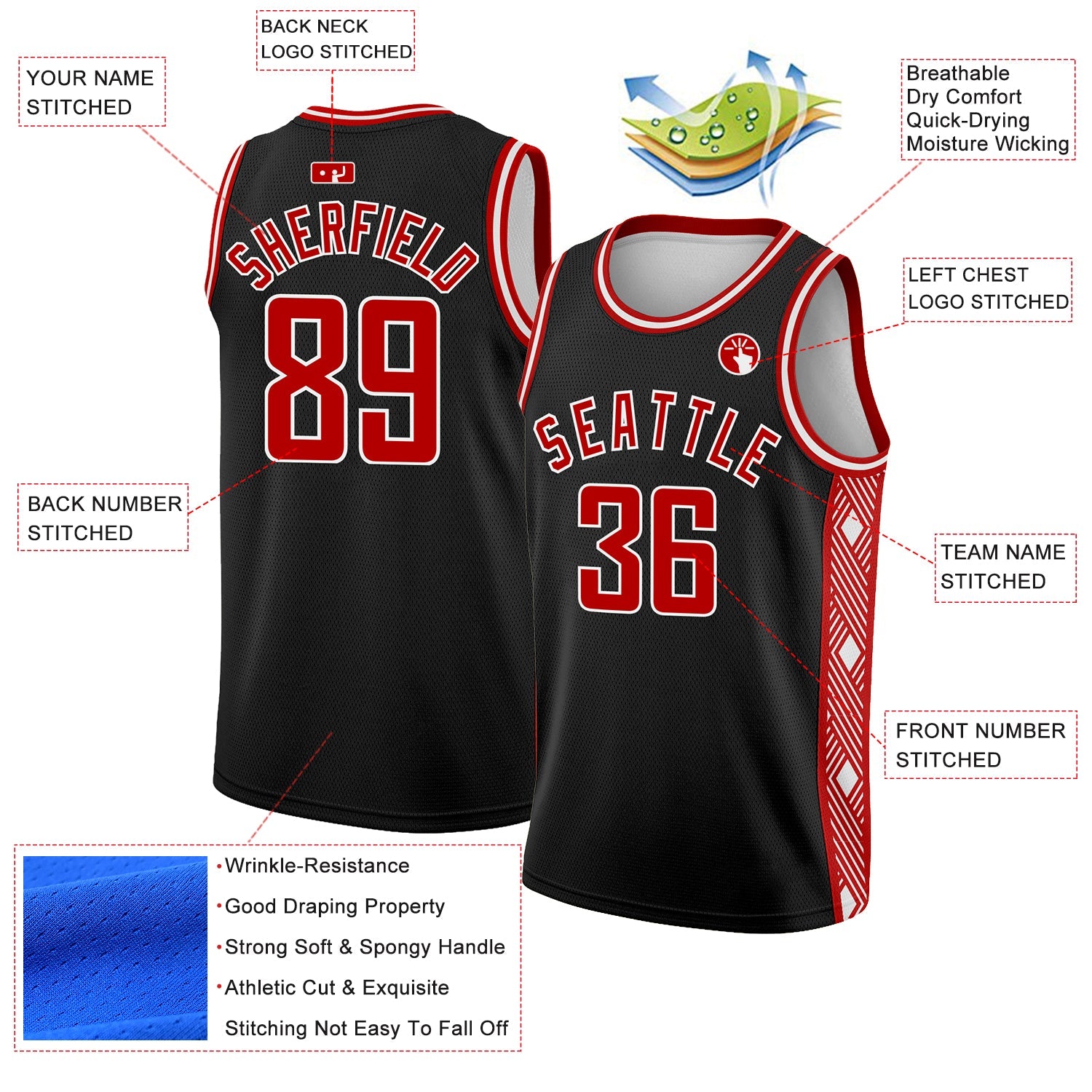 Custom Black Red-White Side Panel Abstract Lines Authentic City Edition Basketball Jersey - Sky-Custom