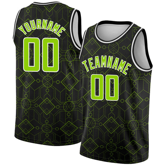 Custom Black Neon Green-White Geometric Shapes Authentic City Edition Basketball Jersey - Sky-Custom