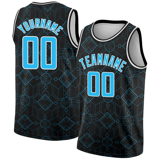 Custom Black Sky Blue-White Geometric Shapes Authentic City Edition Basketball Jersey - Sky-Custom