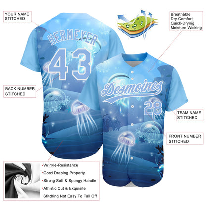 Custom Light Blue White 3D Pattern Design Jellyfish Underwater Life Authentic Baseball Jersey - Sky-Custom