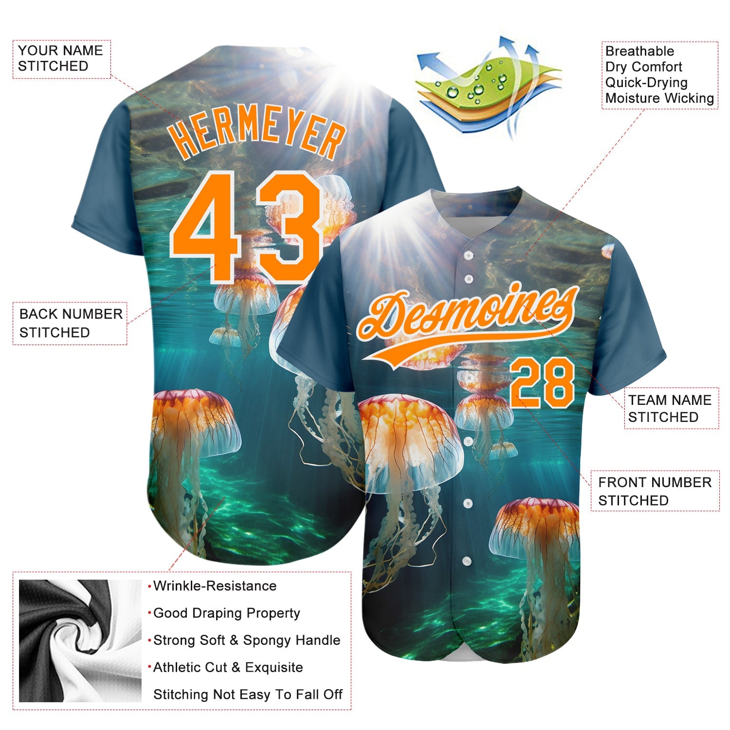 Custom Navy Bay Orange-White 3D Pattern Design Jellyfish In The Ocean Authentic Baseball Jersey - Sky-Custom