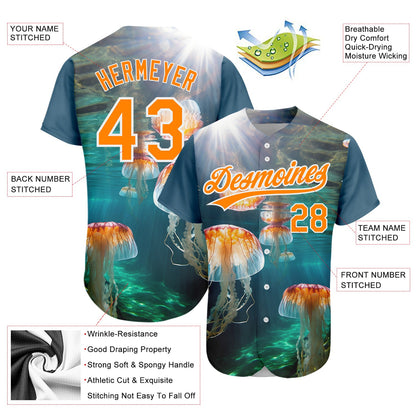 Custom Navy Bay Orange-White 3D Pattern Design Jellyfish In The Ocean Authentic Baseball Jersey - Sky-Custom