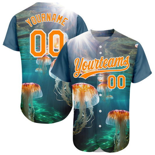 Custom Navy Bay Orange-White 3D Pattern Design Jellyfish In The Ocean Authentic Baseball Jersey - Sky-Custom