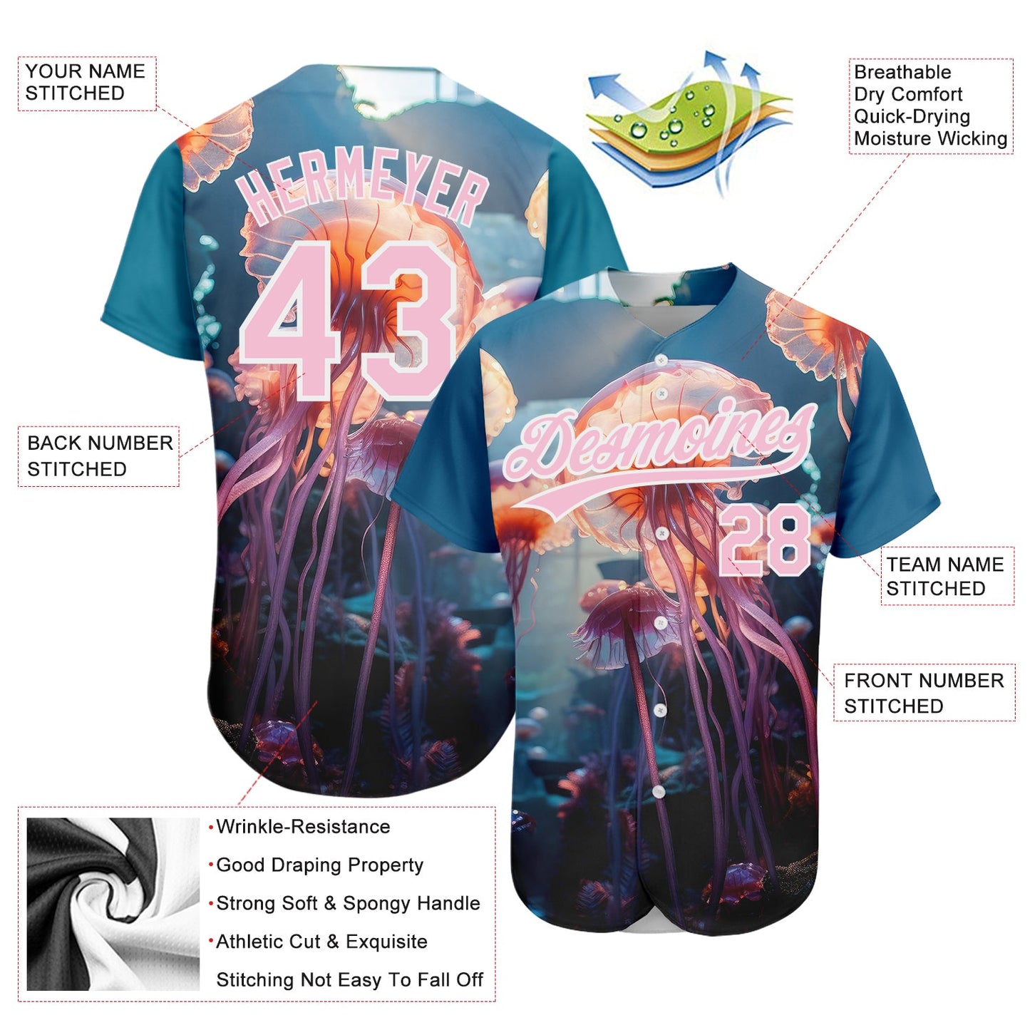 Custom Navy Light Pink-White 3D Pattern Design Jellyfish Floating In The Ocean Authentic Baseball Jersey - Sky-Custom