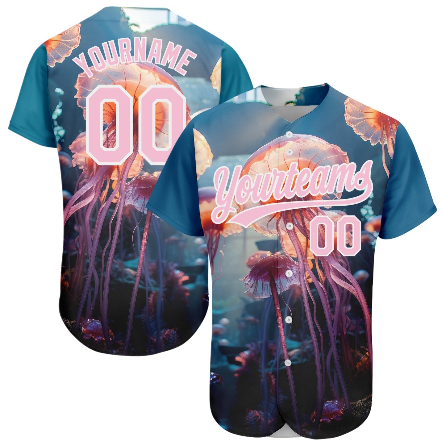 Custom Navy Light Pink-White 3D Pattern Design Jellyfish Floating In The Ocean Authentic Baseball Jersey - Sky-Custom