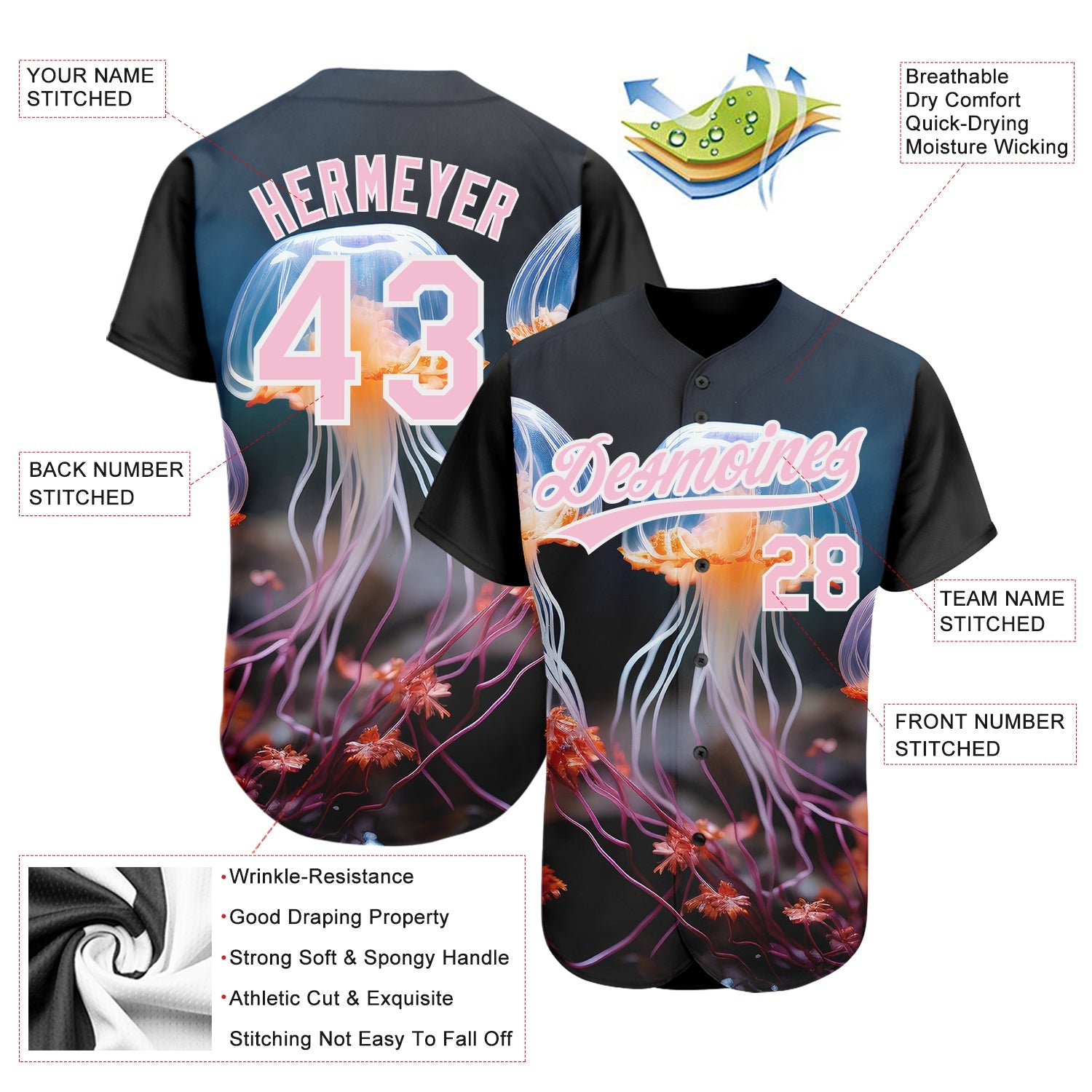 Custom Black Light Pink-White 3D Pattern Design Jellyfish Underwater Life Authentic Baseball Jersey - Sky-Custom