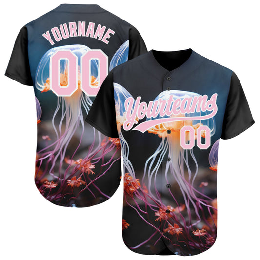 Custom Black Light Pink-White 3D Pattern Design Jellyfish Underwater Life Authentic Baseball Jersey - Sky-Custom