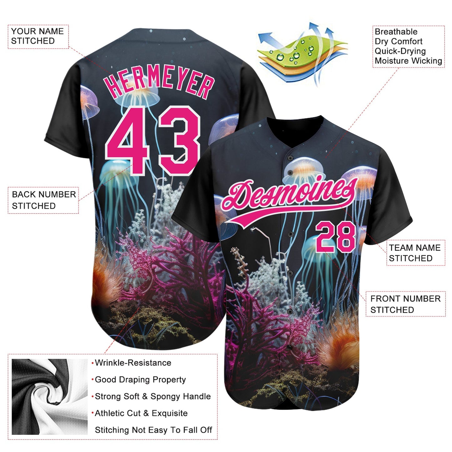 Custom Navy Hot Pink-White 3D Pattern Design Jellyfish Underwater Life Authentic Baseball Jersey - Sky-Custom