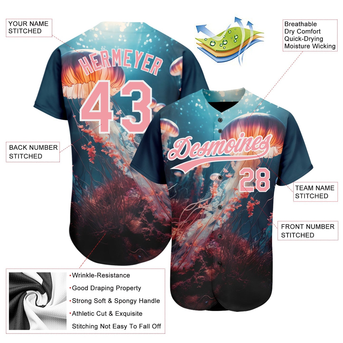 Custom Navy Medium Pink-White 3D Pattern Design Jellyfish Under Water With Light Shining Authentic Baseball Jersey - Sky-Custom
