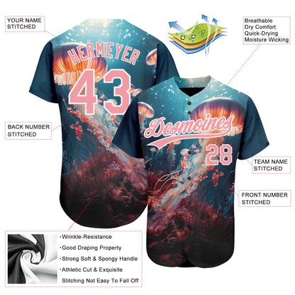 Custom Navy Medium Pink-White 3D Pattern Design Jellyfish Under Water With Light Shining Authentic Baseball Jersey - Sky-Custom