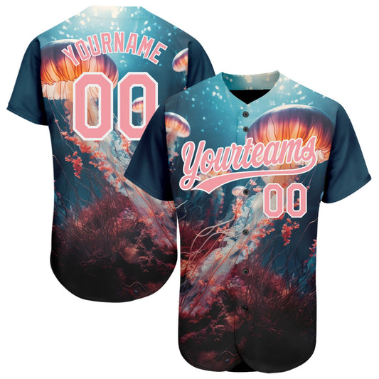 Custom Navy Medium Pink-White 3D Pattern Design Jellyfish Under Water With Light Shining Authentic Baseball Jersey - Sky-Custom