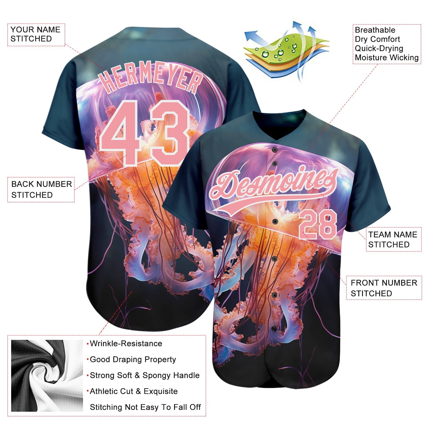 Custom Navy Medium Pink-White 3D Pattern Design Jellyfish Swimming In The Water Authentic Baseball Jersey - Sky-Custom
